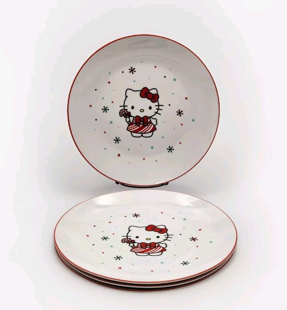 Sanrio Hello Kitty Christmas Dinner Plates Candy Cane Snowflakes 10.5” Set Of 4